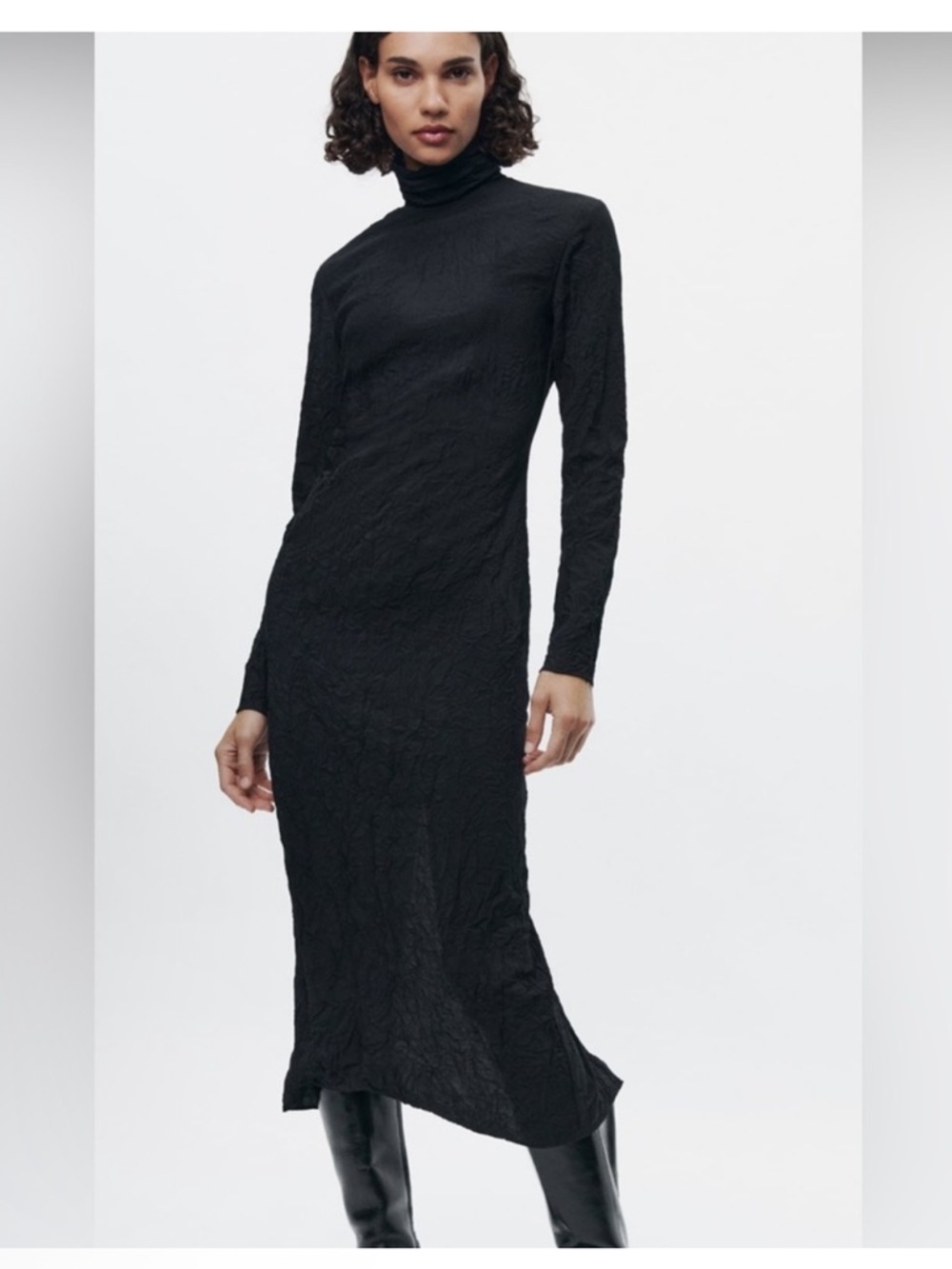 Zara Black Creased Effect Long Sleeve Midi Dress NWOT X-Small Limited Edition